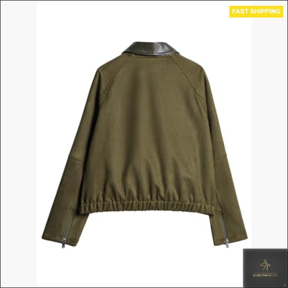 Faux Suede Cropped Bomber Jacket with Contrast Collar Zip Up Casual - Picture 4 of 7